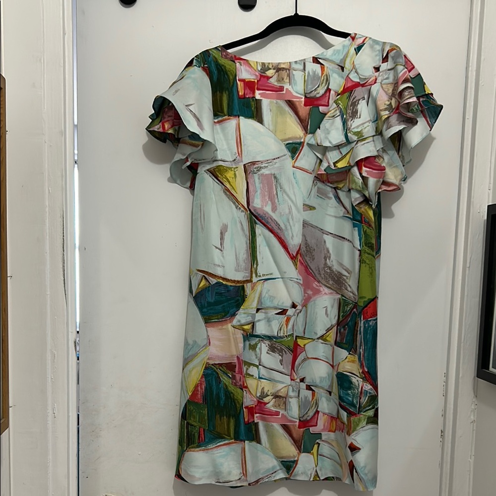 Abstract Multicolor Ruffle Sleeve Dress